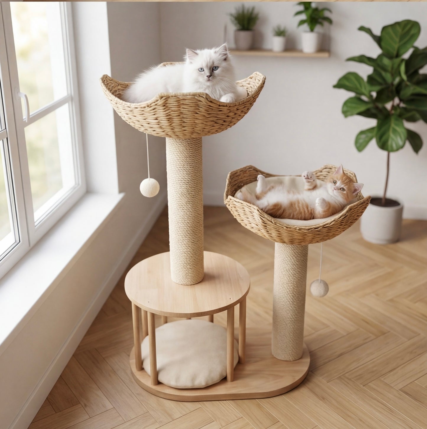 Arbre à chat 3 niveaux en bois naturel – paniers et niche