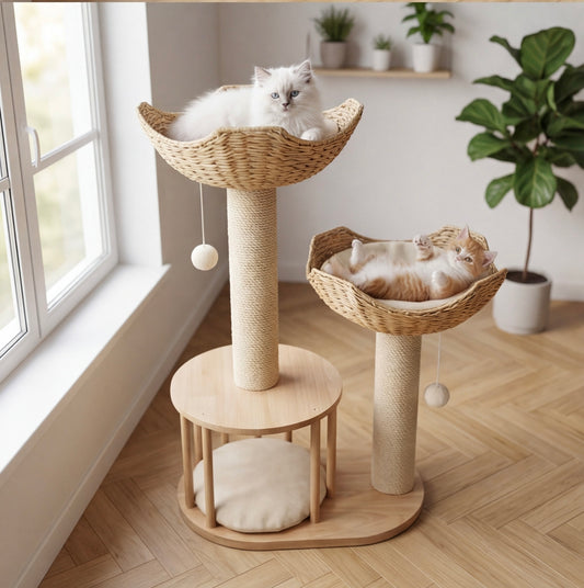 Arbre à chat 3 niveaux en bois naturel – paniers et niche