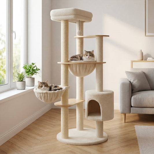 136 cm hoher, mehrstufiger Katzenbaum mit Hängematte