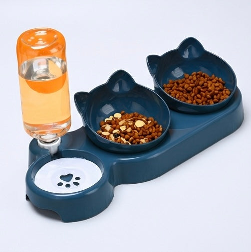 3-in-1 Katzennapf mit Ohrendesign – Abgewinkelte Näpfe + Schwerkraft-Trinkbrunnen mit Nackenschutz