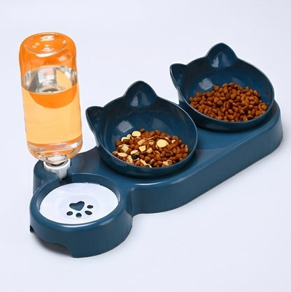 3-in-1 Katzennapf mit Ohrendesign – Abgewinkelte Näpfe + Schwerkraft-Trinkbrunnen mit Nackenschutz