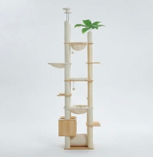 Wooden cat tree – adjustable floor-to-ceiling & hammock