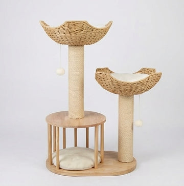 Arbre à chat 3 niveaux en bois naturel – paniers et niche