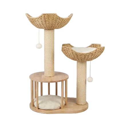 Arbre à chat 3 niveaux en bois naturel – paniers et niche