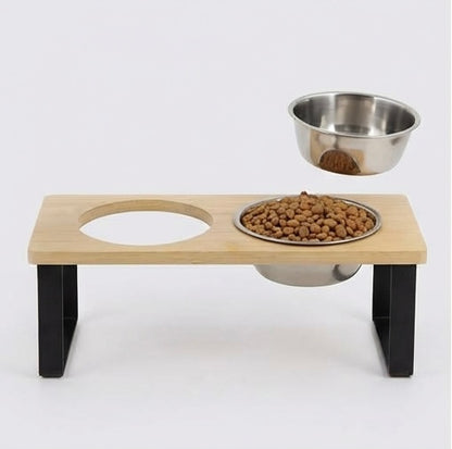 Erhöhter Katzennapf aus Holz, 15° geneigt – Edelstahlnapf mit natürlichem Design und Nackenstütze