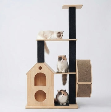 Arbre à chat en bois massif avec roue d'exercice