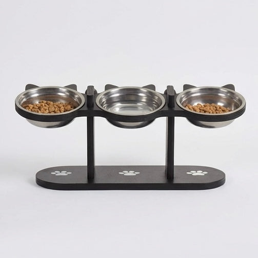 Gamelle Surélevée Chat 3 Bols Bois et Inox - Support Incliné 15° Ajustable