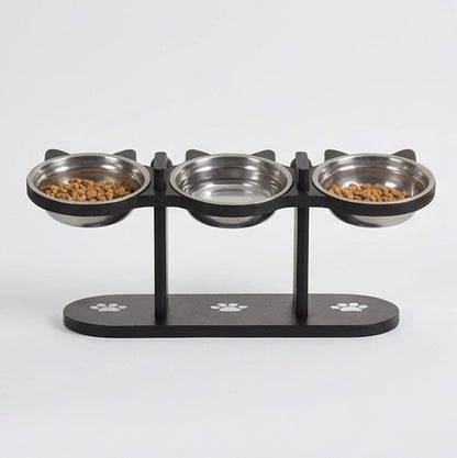 Gamelle Surélevée Chat 3 Bols Bois et Inox - Support Incliné 15° Ajustable