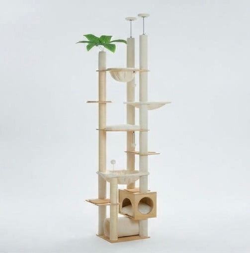 Arbre à chat en bois – réglable sol-plafond & hamac