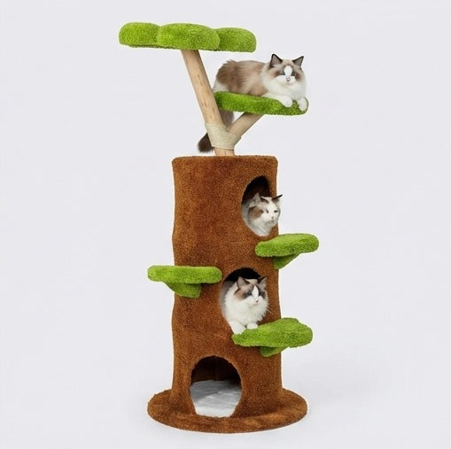 Arbre à chat en bois massif multi-niveaux – 148 cm vert et marron