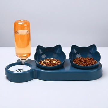 Gamelle Chat 3-en-1 Design Oreilles - Bols Inclinés + Fontaine à Eau Gravité Protection Cervicale