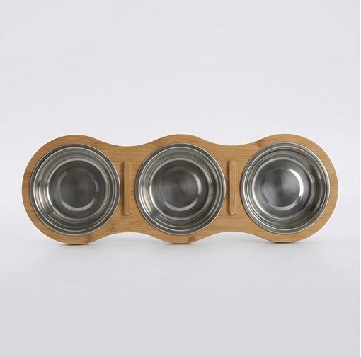 Erhöhter Katzennapf mit 3 Näpfen aus Holz und Edelstahl – 15° geneigter Ständer – Natürliches Design