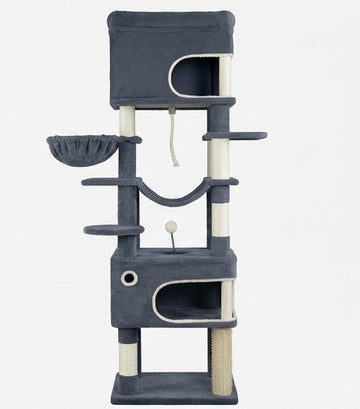Arbre à Chat 178 cm avec Grande Plateforme, 2 Grottes, 7 Griffoirs, Pompons - Pour Toutes Races
