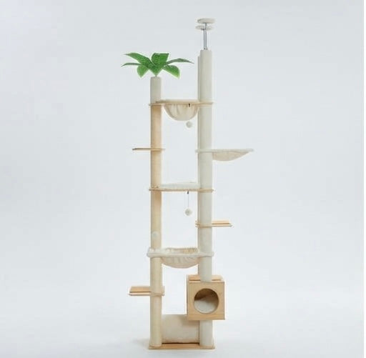 Arbre à chat en bois – réglable sol-plafond & hamac