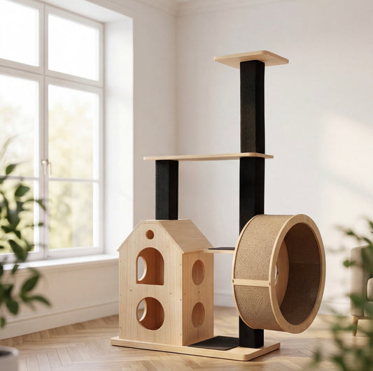 Katzenbaum aus Massivholz mit Laufrad