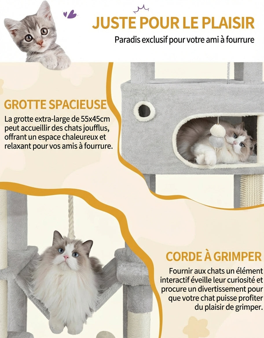 XXL Cat Tree – 178 cm, 2 caves & 7 scratching posts