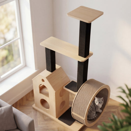 Katzenbaum aus Massivholz mit Laufrad