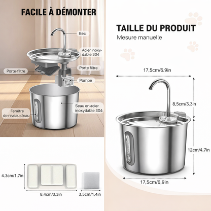2.2 L Stainless Steel Cat Water Fountain — Ultra-Quiet & Filtering