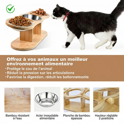 Erhöhter Katzennapf mit 3 Näpfen aus Holz und Edelstahl – 15° geneigter Ständer – Natürliches Design