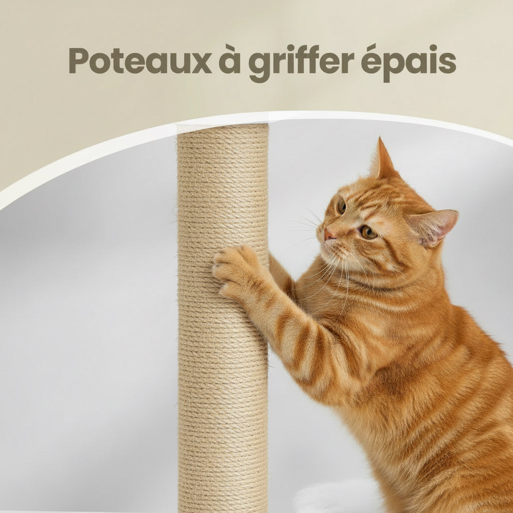 Complete cat tree with integrated litter box and food bowls - 146cm