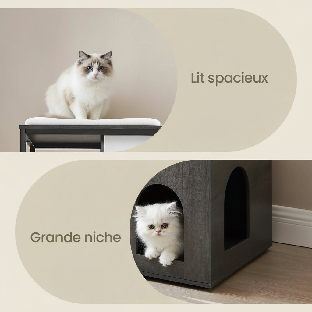 Complete cat tree with integrated litter box and food bowls - 146cm