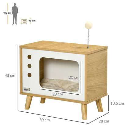 Katzenhaus im Retro-TV-Design mit Kissen und Ball – 50 x 28 x 43 cm