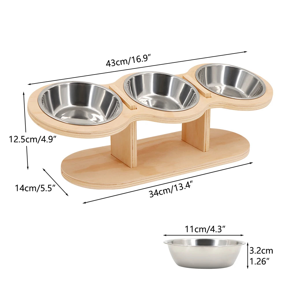 Erhöhter Katzennapf mit 3 Näpfen aus Holz und Edelstahl – 15° geneigter Ständer – Natürliches Design