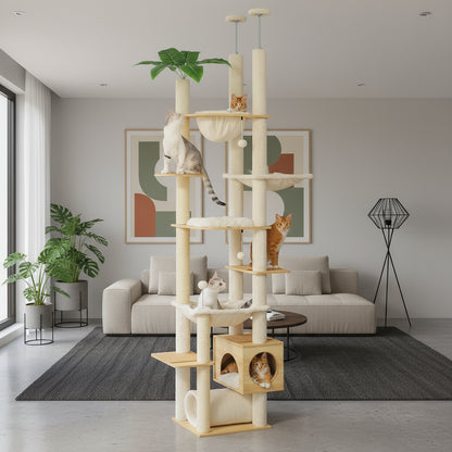 Wooden cat tree – adjustable floor-to-ceiling & hammock