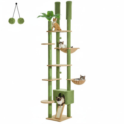 Wooden cat tree – adjustable floor-to-ceiling & hammock