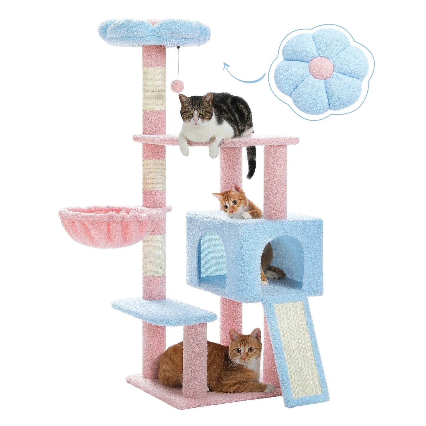 La Marguerite — Arbre à Chat 120 cm Perchoir Fleur & Niche 3 Portes