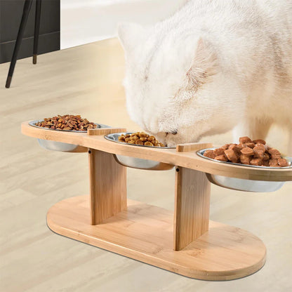 Erhöhter Katzennapf mit 3 Näpfen aus Holz und Edelstahl – 15° geneigter Ständer – Natürliches Design