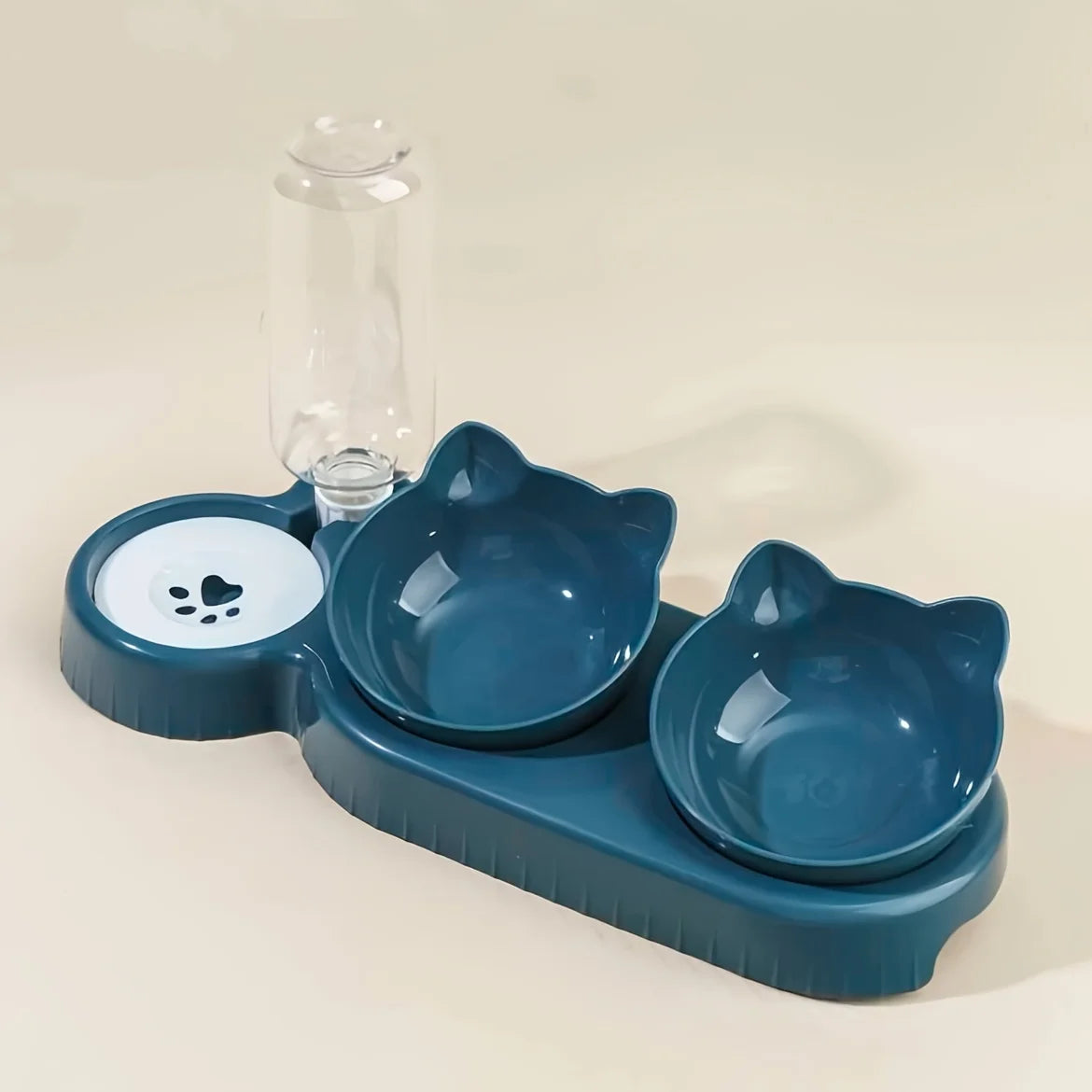 3-in-1 Katzennapf mit Ohrendesign – Abgewinkelte Näpfe + Schwerkraft-Trinkbrunnen mit Nackenschutz