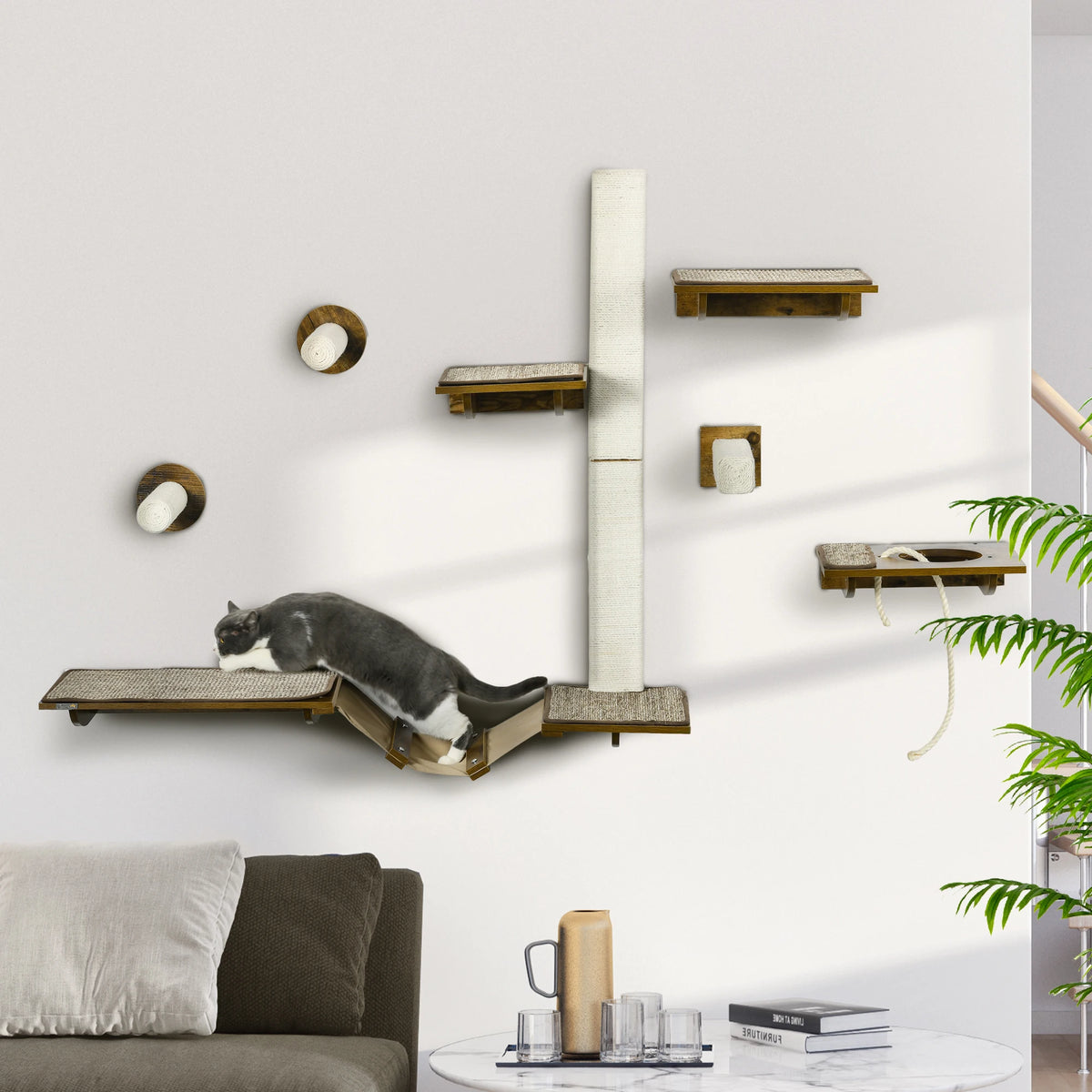 Le Châtaignier — Arbre à Chat Mural 8 Pièces Sisal Marron-Crème