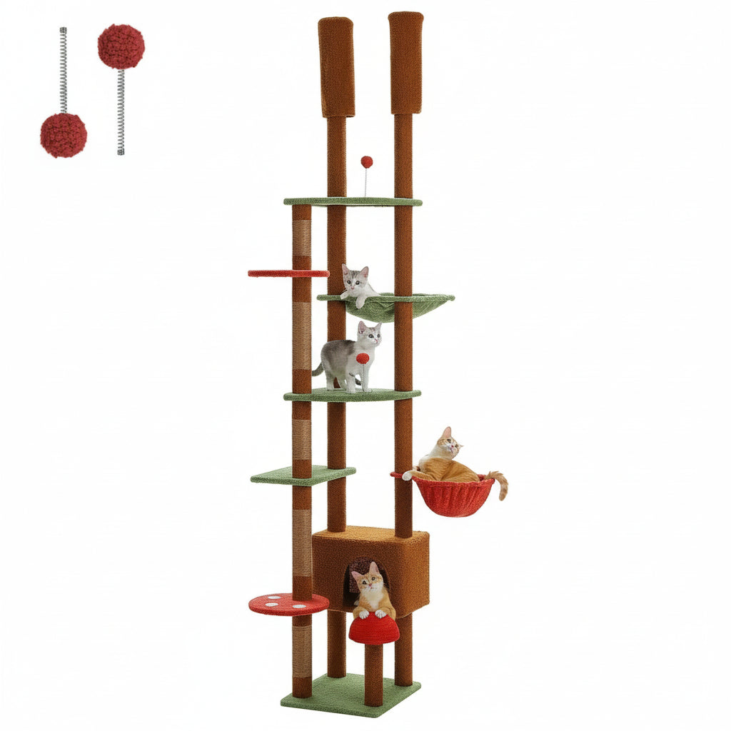Wooden cat tree – adjustable floor-to-ceiling & hammock