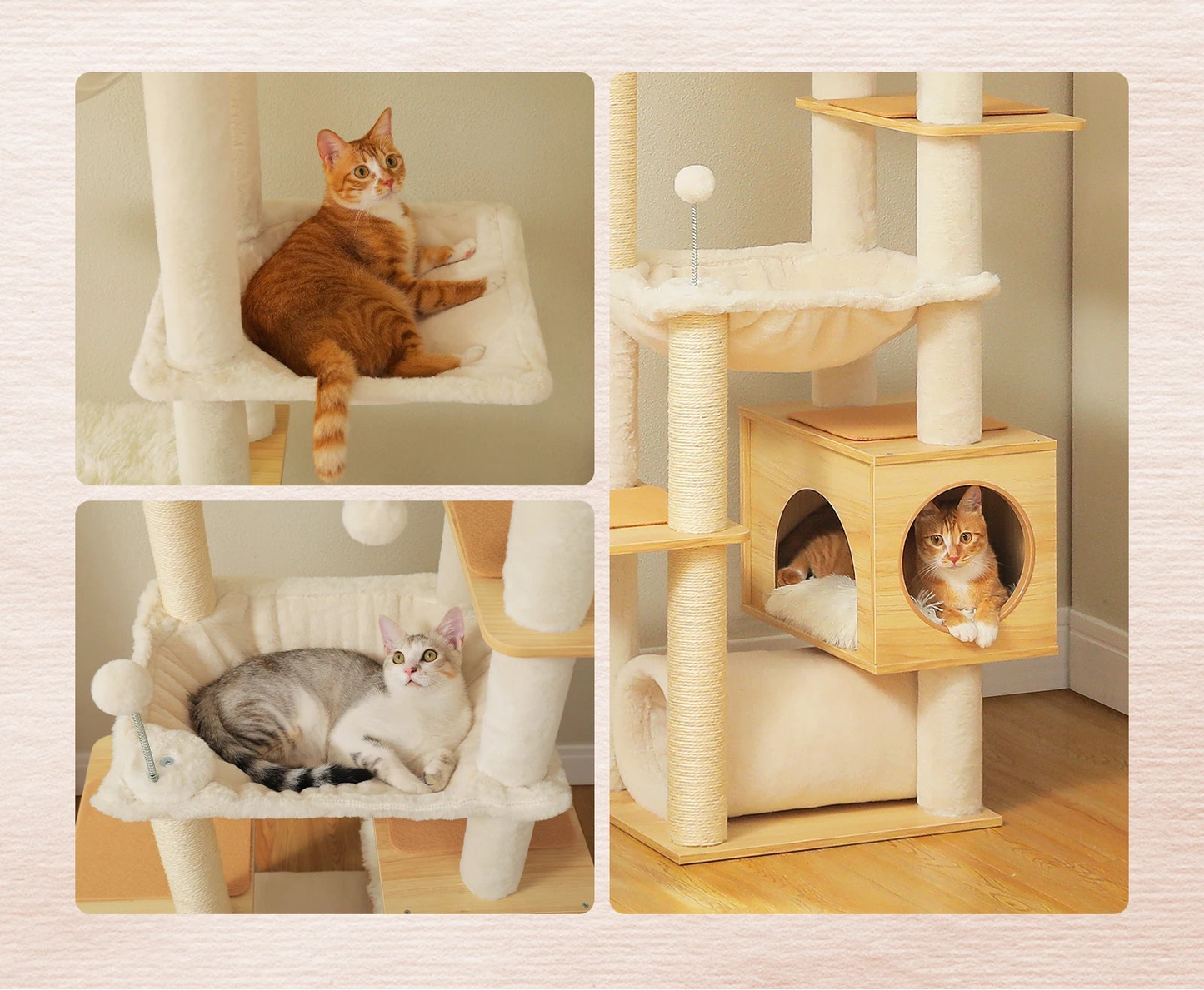 Wooden cat tree – adjustable floor-to-ceiling & hammock