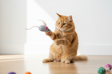 Chat jouant avec une souris jouet