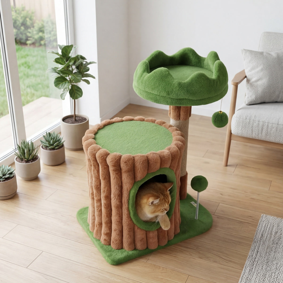 Designer cat tree with scratching post, cave, and bed — 53 cm