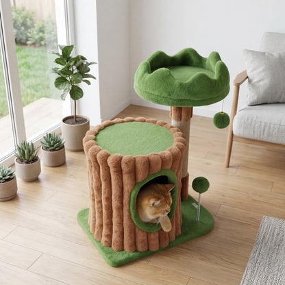 Designer cat tree with scratching post, cave, and bed — 53 cm