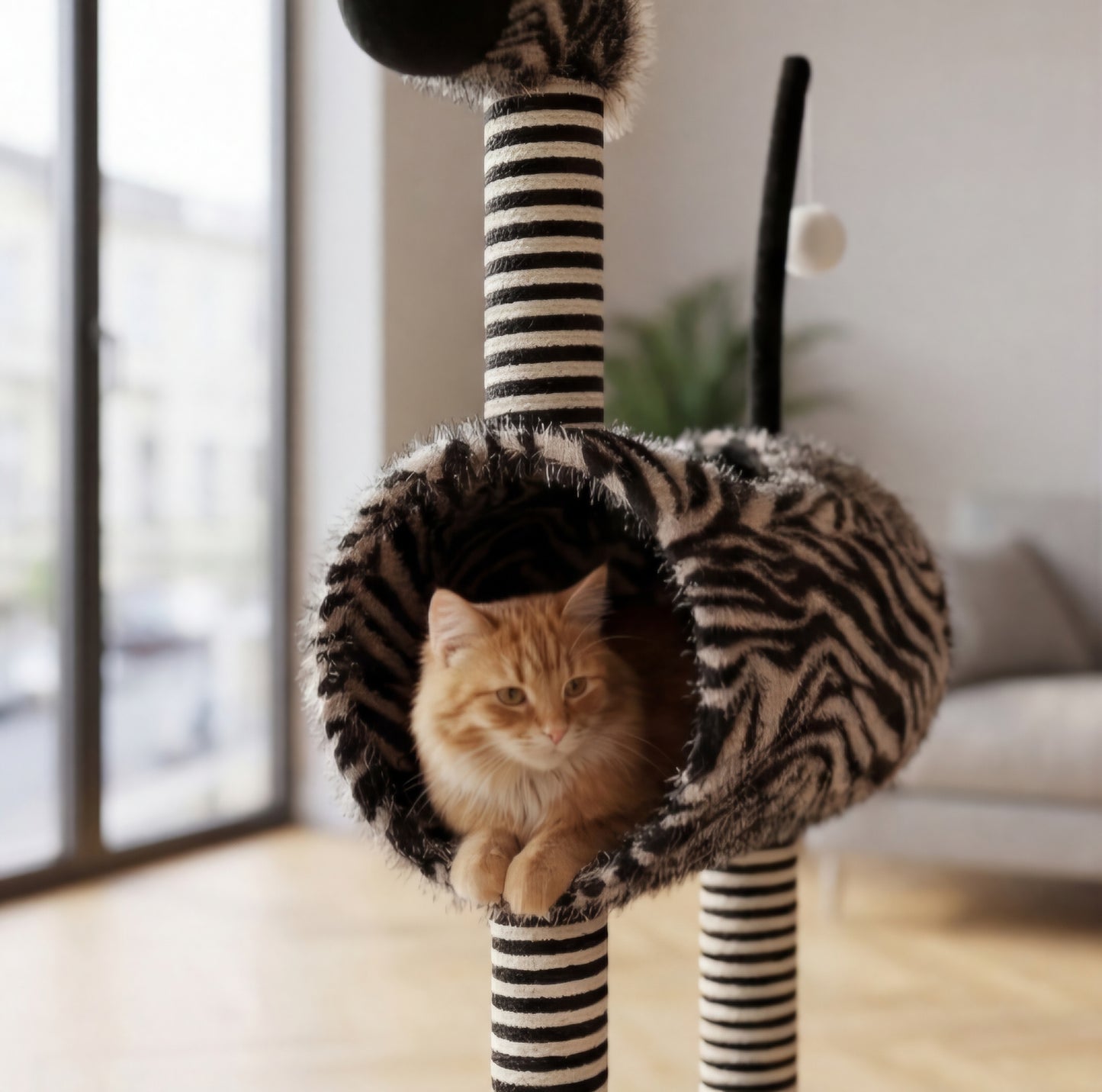 Arbre à chat design zèbre avec tunnel 93cm - Noir et blanc