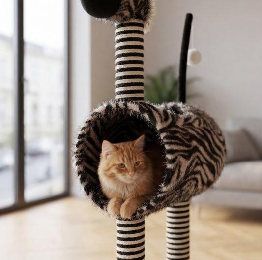 Arbre à chat design zèbre avec tunnel 93cm - Noir et blanc