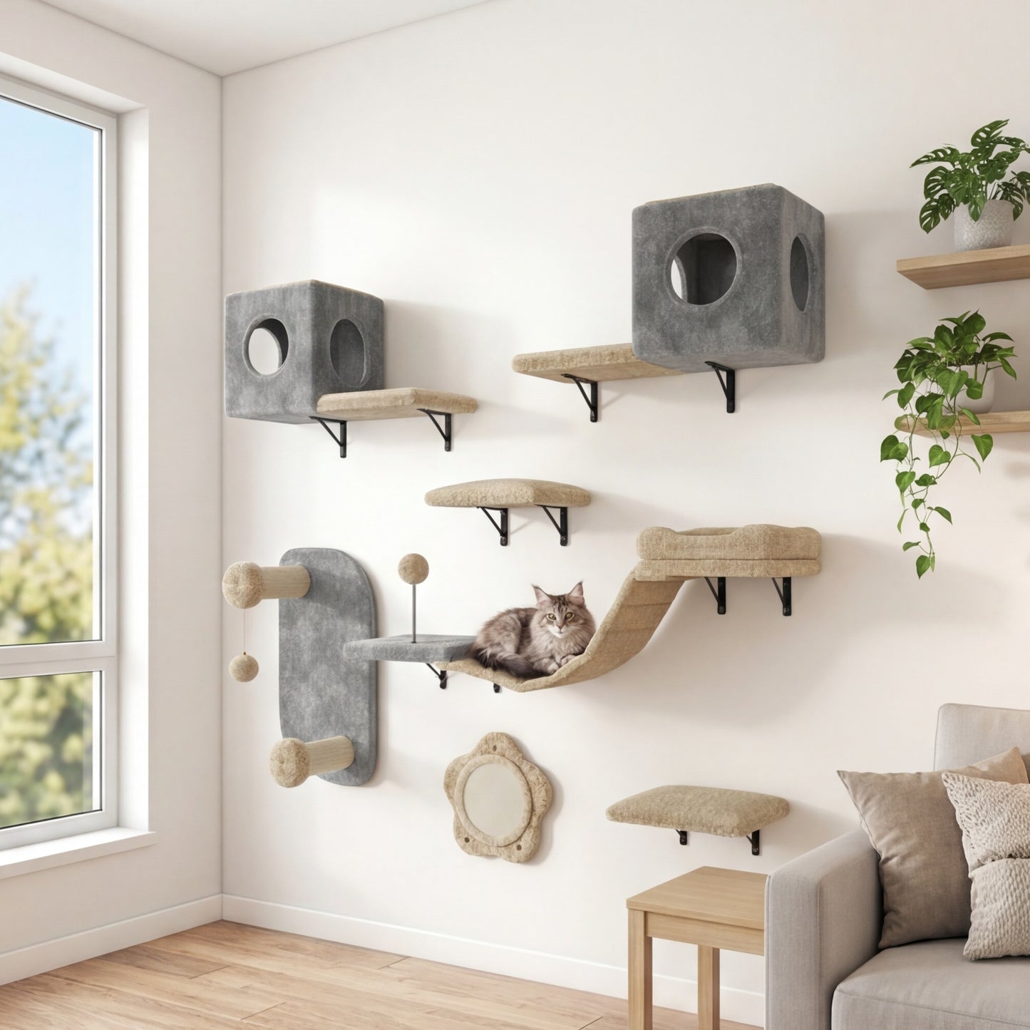 Le Hêtre — Arbre à Chat Mural 8 Pièces Flanelle Gris-Beige