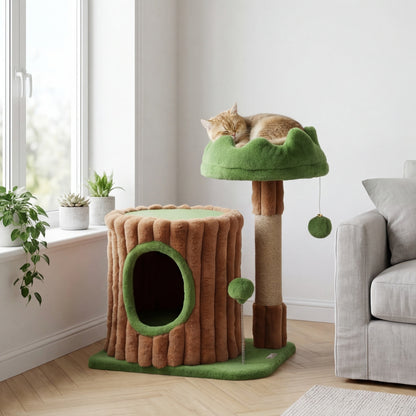 Designer cat tree with scratching post, cave, and bed — 53 cm