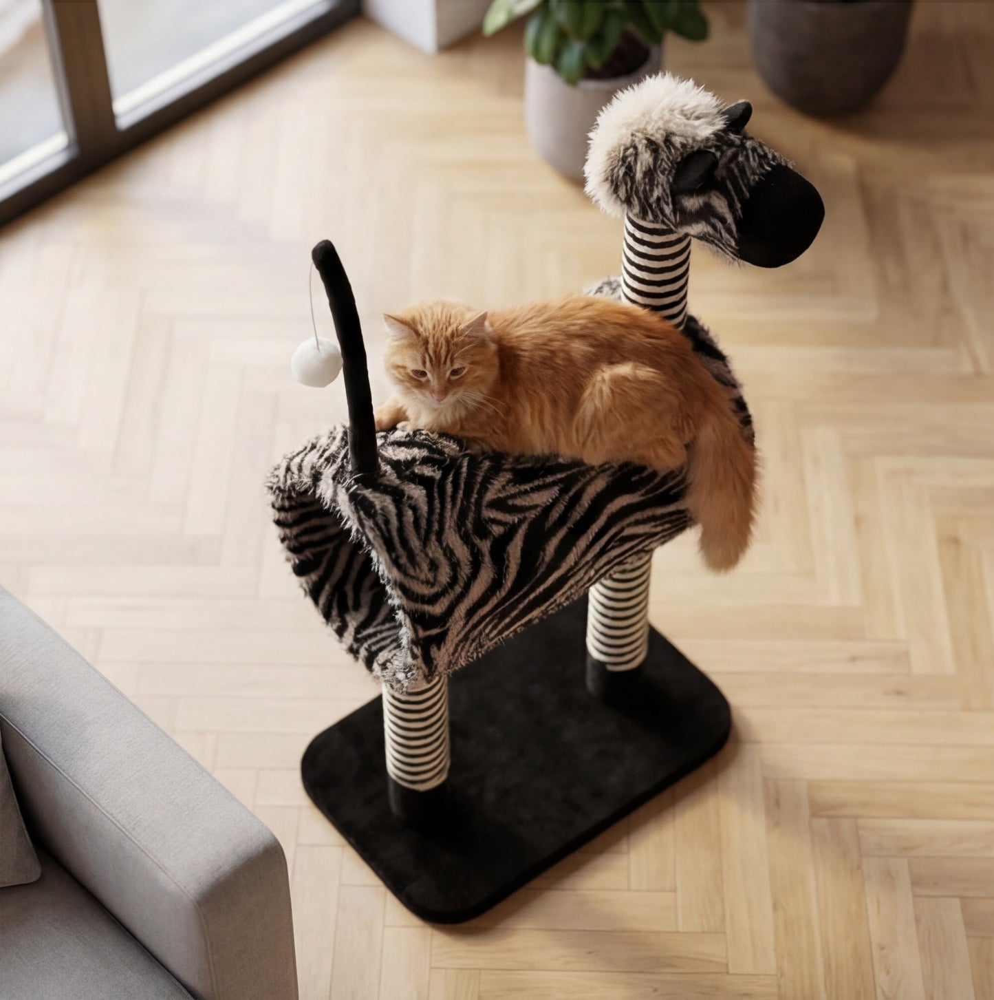 Arbre à chat design zèbre avec tunnel 93cm - Noir et blanc