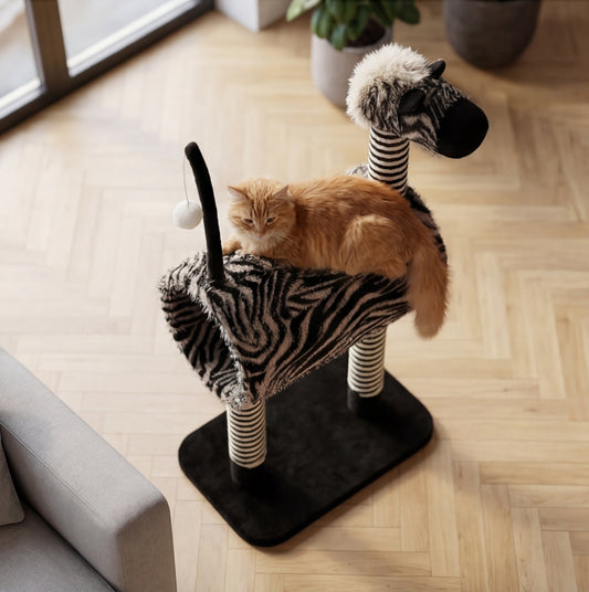 Arbre à chat design zèbre avec tunnel 93cm - Noir et blanc