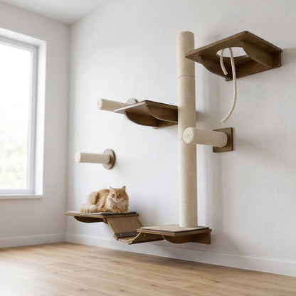 Le Châtaignier — Arbre à Chat Mural 8 Pièces Sisal Marron-Crème