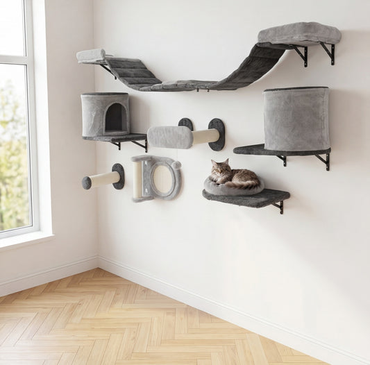 Le Grand Hêtre — Arbre à Chat Mural 11 Pièces Flanelle Gris