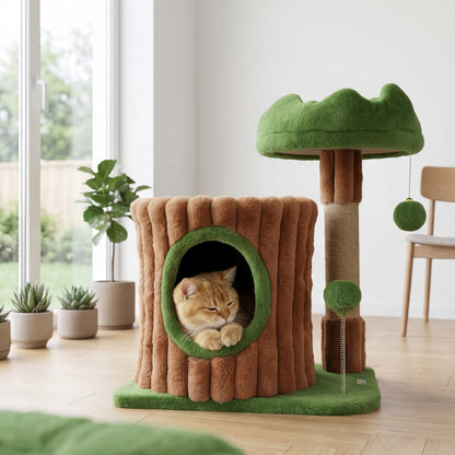 Designer cat tree with scratching post, cave, and bed — 53 cm