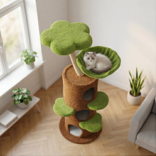 Mehrstufiger Katzenbaum aus Massivholz – 148 cm, grün und braun