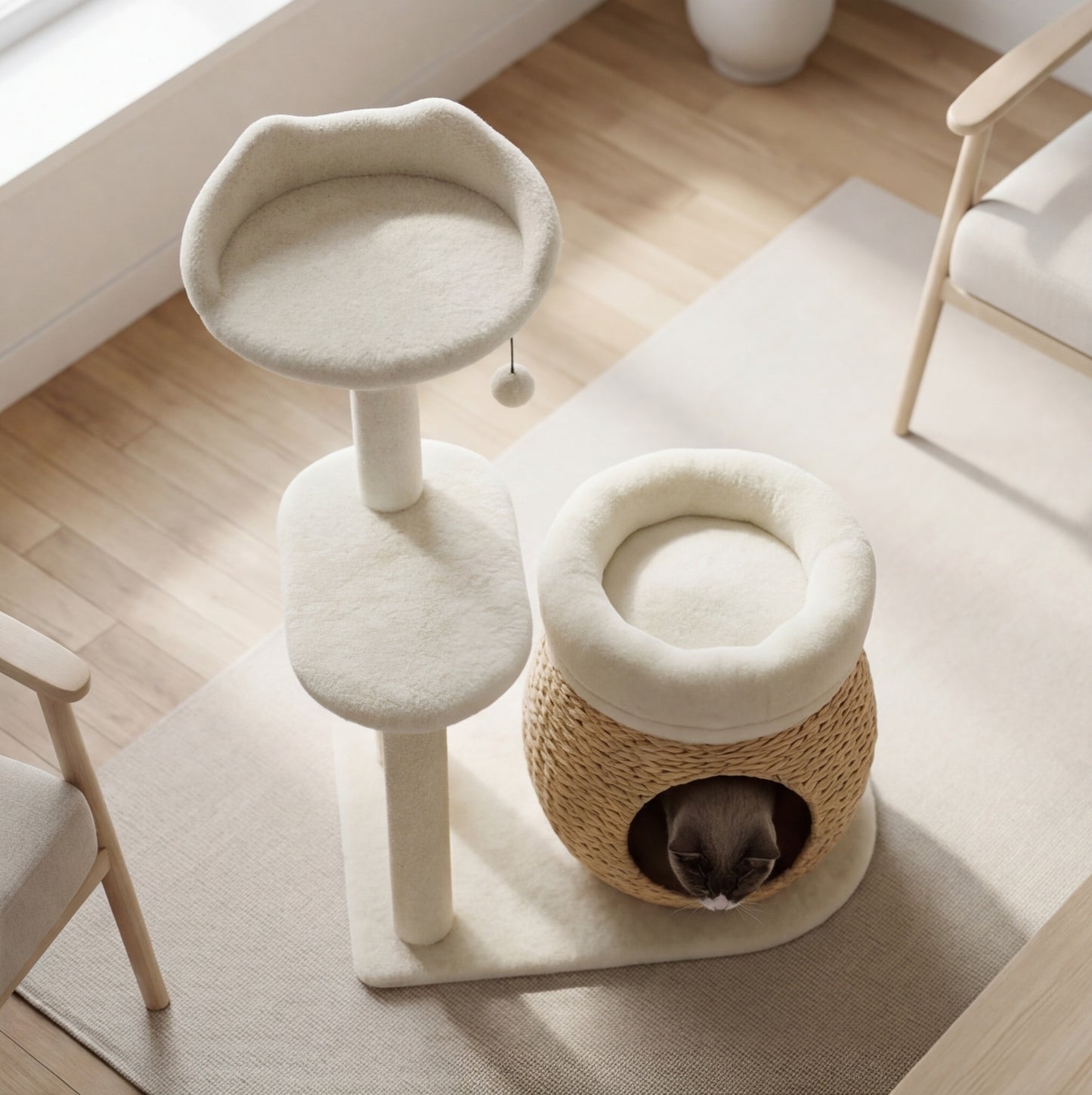 Le Magnolia — Arbre à Chat 79 cm Maison Ronde & 2 Lits Suspendus