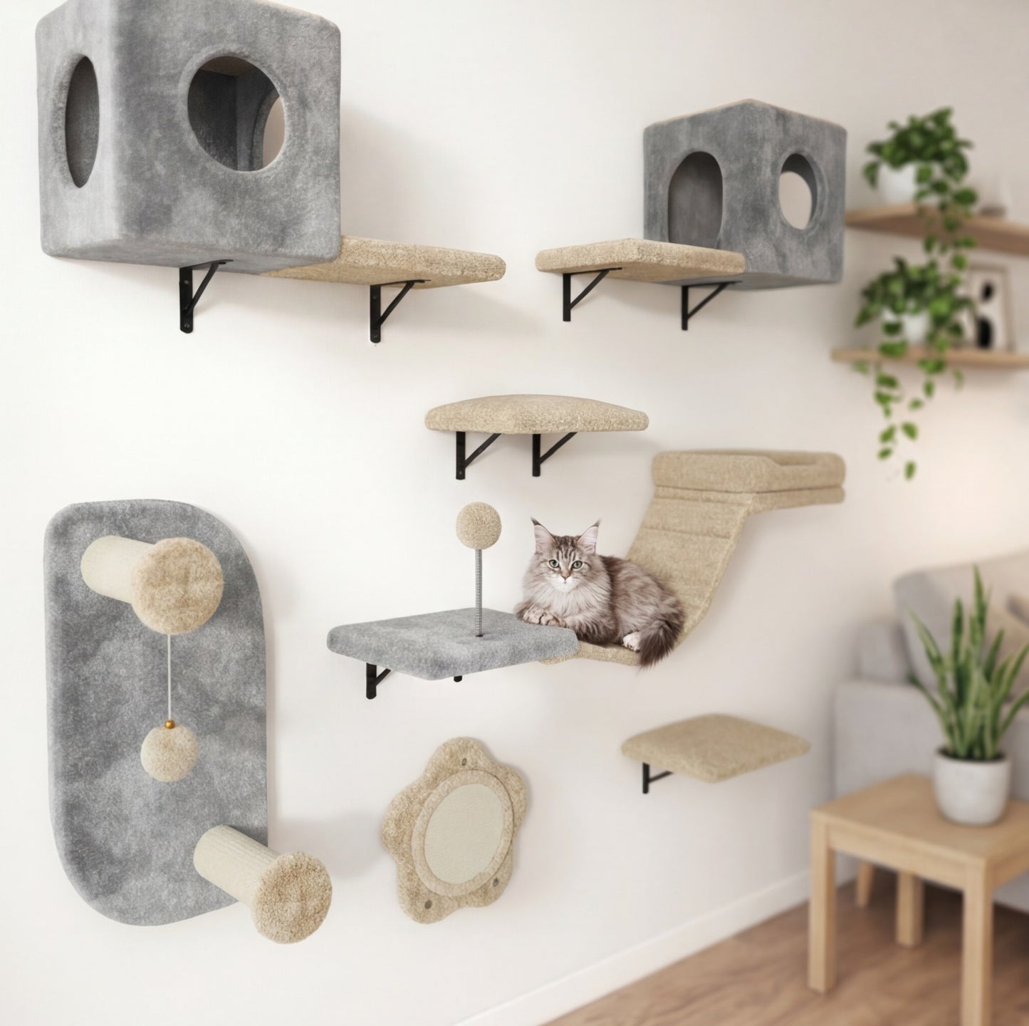 Le Hêtre — Arbre à Chat Mural 8 Pièces Flanelle Gris-Beige
